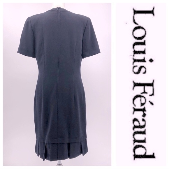 LOUIS FERAUD Navy Blue Midi Dress Short Sleeve Box Pleat Hem Vintage Size 6 - Picture 2 of 9